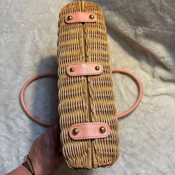 NEW Banana Republic Woven Bag Tan Rattan Pale Pink Leather Gold-tone Hardware - Picture 13 of 16